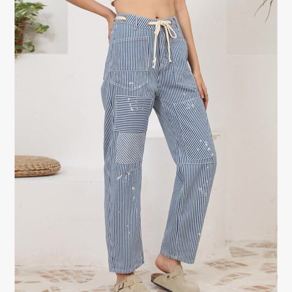 Kedera Barrel Jeans Womens XXL Pinstriped Paint Splattered EUC - Picture 1 of 5